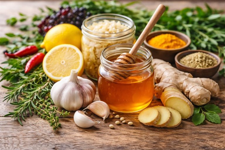 naturalne antybiotyki na sezon wirusów – czosnek, miód, imbir i cytryna na drewnianym stole