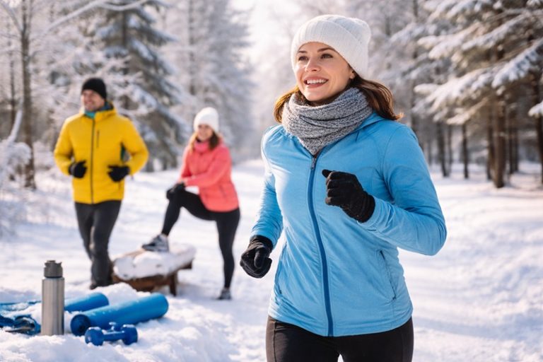 Aktywność fizyczna zimą – grupa osób ćwiczących i biegających w zaśnieżonym parku w słoneczny zimowy dzień