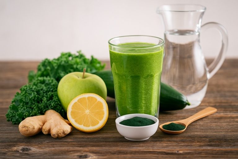 Szklanka zielonego koktajlu detoksykacyjnego otoczona świeżymi warzywami i owocami na drewnianym stole, symbol naturalnego oczyszczania organizmu