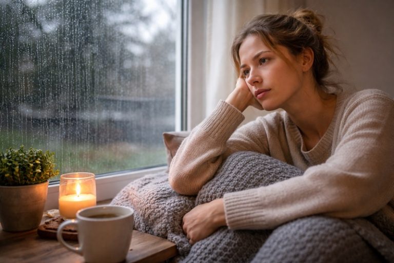 brak słońca wpływ na nastrój i energię u kobiety siedzącej przy oknie zimą