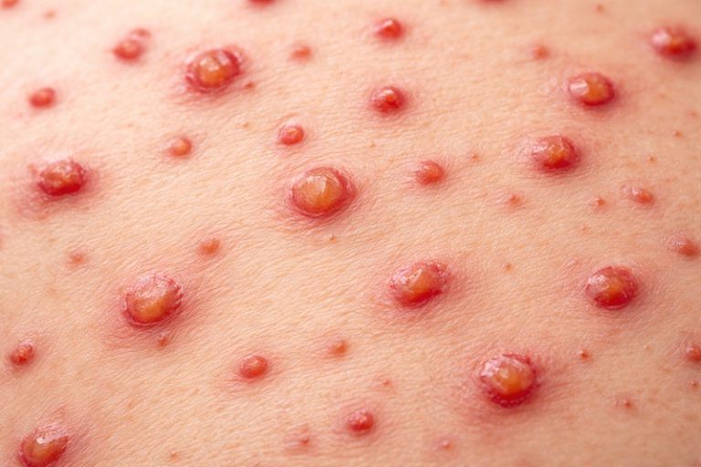 Zmiany skórne przy ospie wietrznej – charakterystyczne pęcherzyki i krostki na skórze w przebiegu infekcji wirusowej
