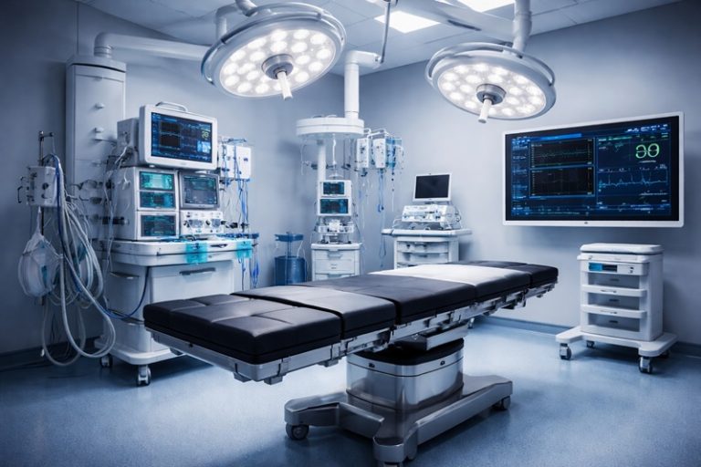 nowoczesny sprzęt medyczny w szpitalach – sala operacyjna z zaawansowanym wyposażeniem, oświetleniem chirurgicznym i aparaturą medyczną