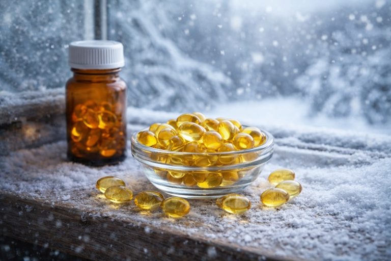 Kapsułki witaminy D w szklanym naczyniu oraz butelka suplementu ustawione na oszronionym parapecie przy zimowym świetle dziennym