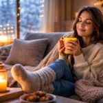 poprawa samopoczucia zimą kobieta odpoczywająca pod kocem z ciepłą herbatą w przytulnym domu