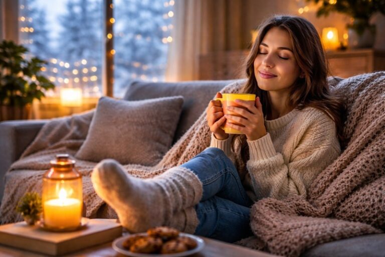poprawa samopoczucia zimą kobieta odpoczywająca pod kocem z ciepłą herbatą w przytulnym domu