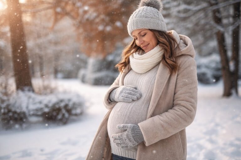 ciąża zimą kobieta w ciąży spacerująca w ciepłym płaszczu po ośnieżonym parku
