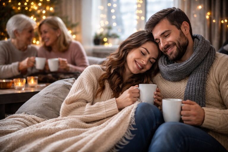zima relacje międzyludzkie podczas wspólnego wieczoru w domu przy ciepłym świetle i herbacie