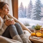 biologia kontra styl życia zimą – kobieta siedząca przy oknie w zimowy dzień z herbatą i witaminami