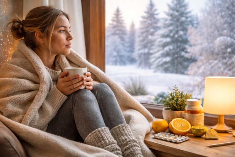 biologia kontra styl życia zimą – kobieta siedząca przy oknie w zimowy dzień z herbatą i witaminami