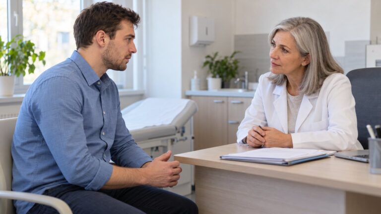 Mężczyzna zmagający się z nadpotliwością rozmawia z dermatolożką o możliwościach diagnostyki i leczenia.